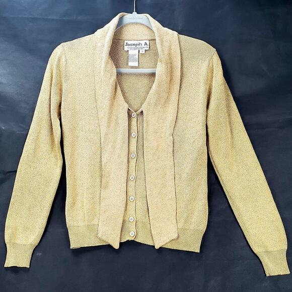 VIntage Joseph A Womens Silk Sweater Gold Metallic Shimmer Tie Sash Quiet Luxury - Picture 1 of 6